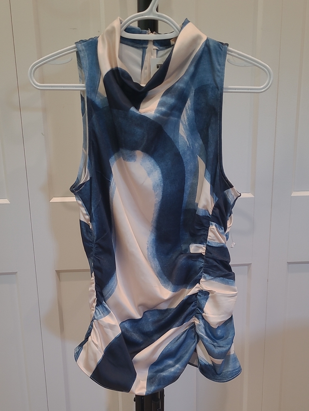 Parker Ayla Blue & White Cowl Neck Ruched Sleeveless Top NWT